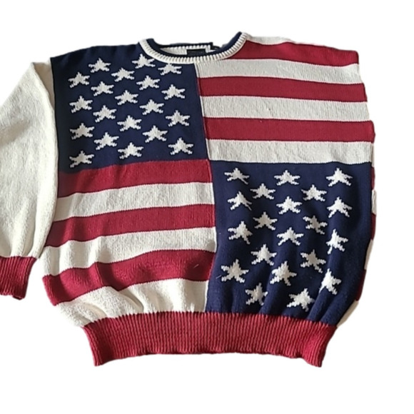 USA Flag Sweater. Cotton hand knit with old glory pattern. USA‎ Made. - Picture 1 of 5